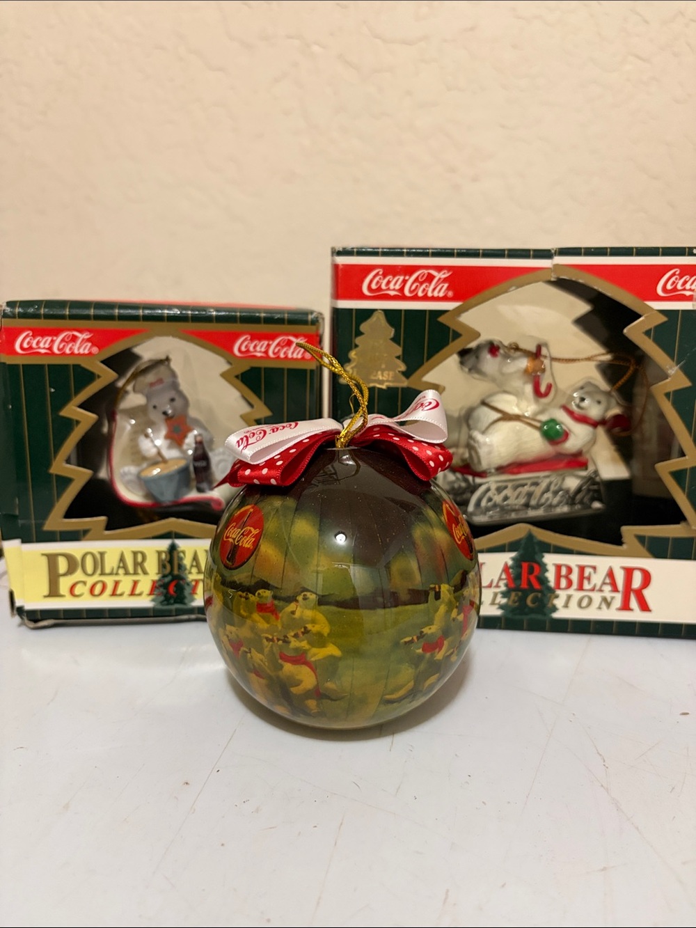 Coca-Cola Green Holiday Polar Bear Ornament Ball with Red Bow Accent